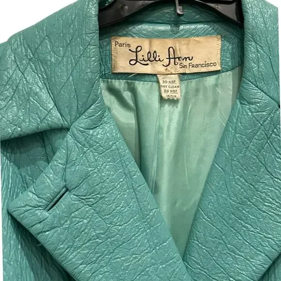 Vintage 1960s Lilli Ann Faux Leather Turquoise Coat Belted Mod Jacket | XL - - Picture 2 of 5